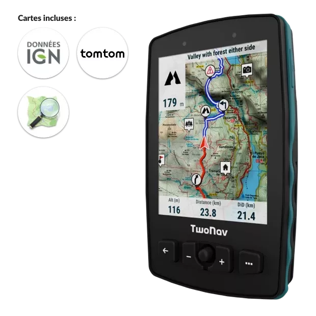 GPS Aventura 2 Plus. Le GPS pour les sports les plus extrêmes comme la randonnée et l'alpinisme. Dispositif GPS avec écran très large et agile. Boutons physiques et tactiles