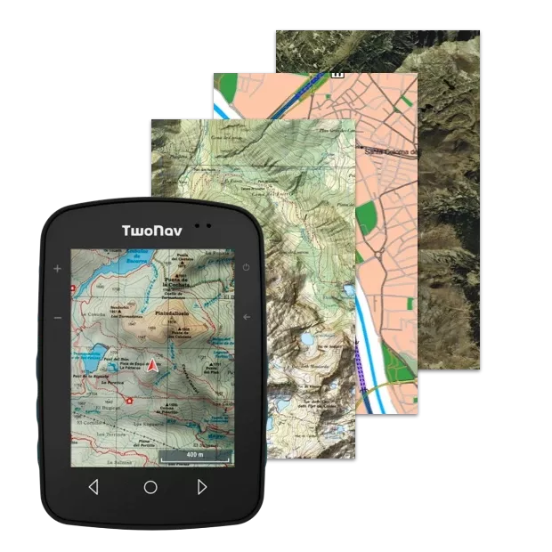 GPS Terra. Sorties et aventures à court terme. Dispositif GPS avec écran très large et agile. Boutons physiques et tactiles. Sa fixation permet également d'être utilisé sur les vélos