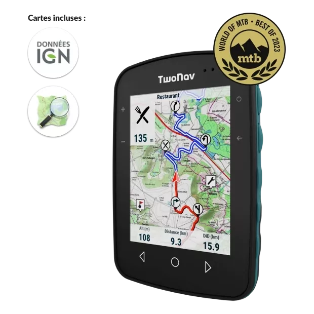 GPS Terra. Sorties et aventures à court terme. Dispositif GPS avec écran très large et agile. Boutons physiques et tactiles. Sa fixation permet également d'être utilisé sur les vélos