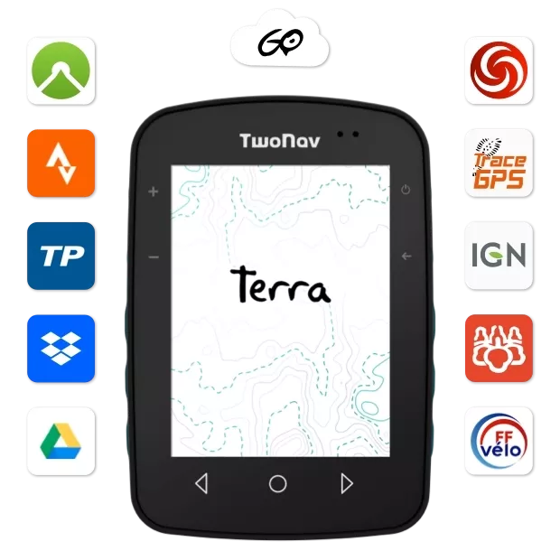 GPS Terra. Sorties et aventures à court terme. Dispositif GPS avec écran très large et agile. Boutons physiques et tactiles. Sa fixation permet également d'être utilisé sur les vélos