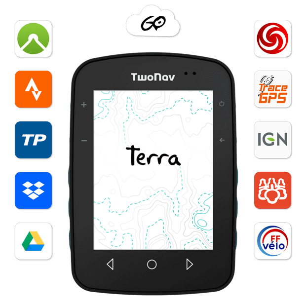 GPS Terra. Für kurze Touren. GPS mit sehr großem Bildschirm. Physische und taktile Tasten. Seine Halterung ermöglicht auch den Einsatz auf dem Bike